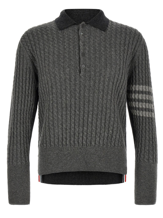 Polo Shirt by Thom Browne for men in canvas & virgin wool dark-gray, gray & patterned presents a crisp silhouette, artfully detailed with a crisp and crisp .