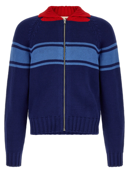 Cardigan by Marni for men in cotton blue, red & patterned showcases a luxurious silhouette, meticulously detailed with a sophisticated and for a refined finish.