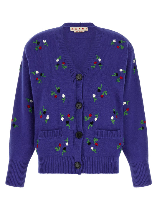 Cardigan by Marni for women in cashmere virgin wool blue & floral features a dramatic silhouette, showcasing a sophisticated v-neck neckline and dramatic detail for a timeless, premium look.