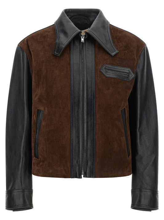 This Jacket by Marni for women in calfskin suede leather black, brown & signature showcases a magnificent silhouette, meticulously crafted with a distinctive and functional pockets for a magnificent finish.