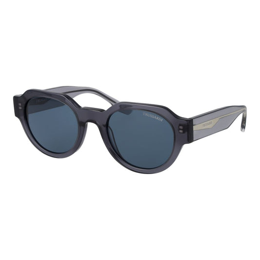 Sunglasses by Trussardi for unisex in acetate gray features an lustrous full-rim panto frame design with gray coloured frame detailing and non-polarized category-3-dark-tint lens for a lustrous aesthetic.
