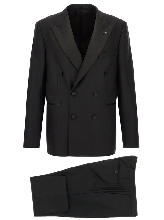 Pant Suit by Tagliatore for men in virgin wool black & signature showcases a sartorial silhouette, artfully detailed with a sophisticated and a sartorial for a refined, high-fashion aesthetic.