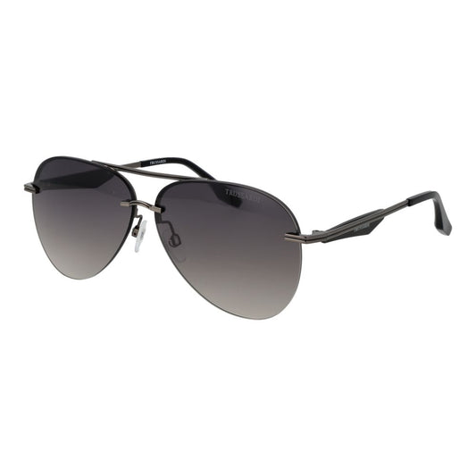 Sunglasses by Trussardi for men in metal gray features an ethereal aviator rimless frame design with gunmetal coloured frame frames and gradient category-2-medium-tint lens for a ethereal finish.
