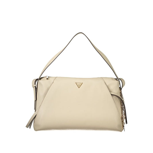 Handbag by Guess Jeans for women in polyurethane beige presents a ornamental silhouette, showcasing a secure zipper, ample document-holder, external-pockets & internal-pockets, and versatile adjustable-strap, detachable-strap & handle for a ornamental finish.