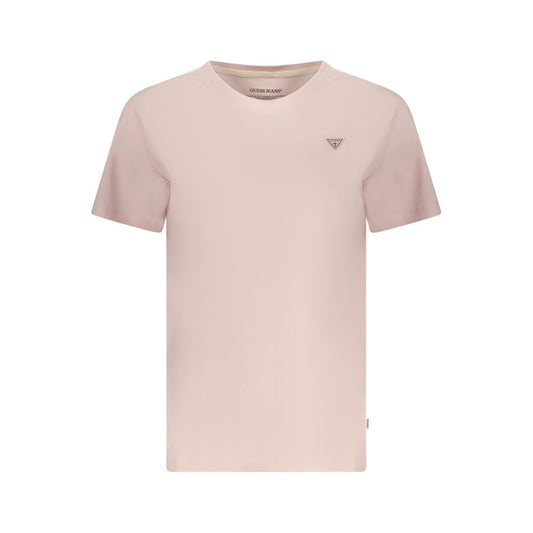 T-Shirt by Guess Jeans for women in stretch organic cotton pink & signature features an edgy silhouette, meticulously detailed with a sophisticated short-sleeve and crew neckline for a truly edgy finish.