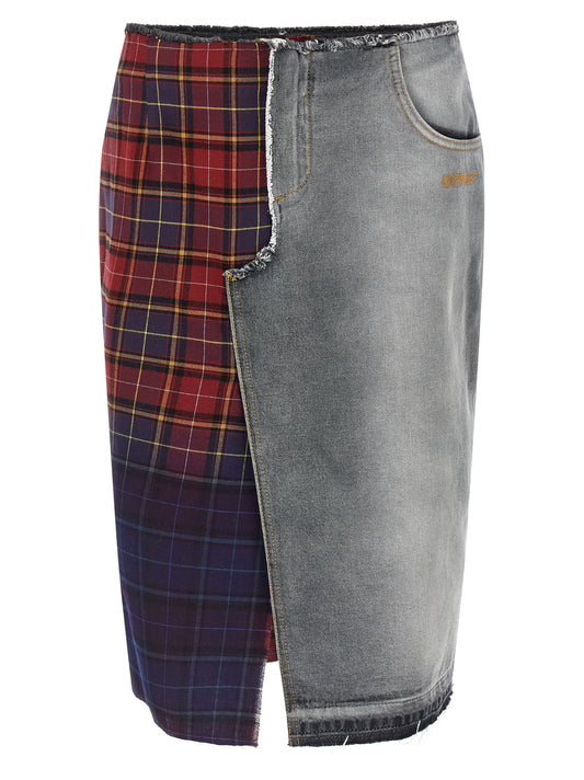 Skirt by Off-White for women in cotton denim multicolor, white, print & patchwork features an relaxed-yet-refined silhouette that elegantly showcases the Women's Denim Cotton Skirt design and sophisticated midi.