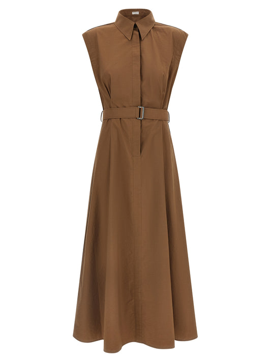 Dress by Brunello Cucinelli for women in polyamide cotton brown showcases a striking silhouette, elegantly detailed with a sleeveless, refined , and a striking midi for a striking finish.