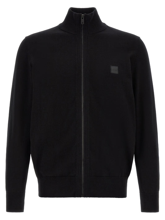 Cardigan by Hugo Boss for men in cashmere cotton blend black features an crisp silhouette, showcasing a sophisticated high-neck neckline and detail for a truly crisp finish.