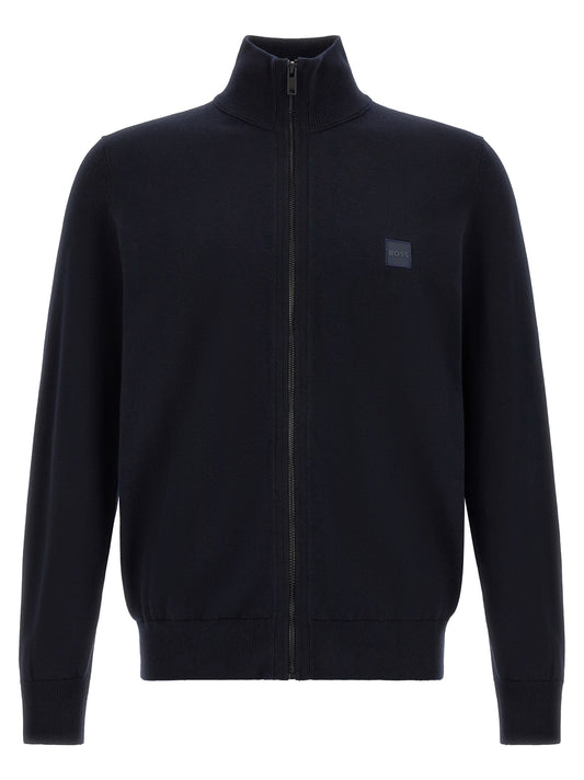 Cardigan by Hugo Boss for men in cotton & cashmere blue features an crisp silhouette, showcasing a sophisticated square high-neck neckline and detail for a truly crisp finish.