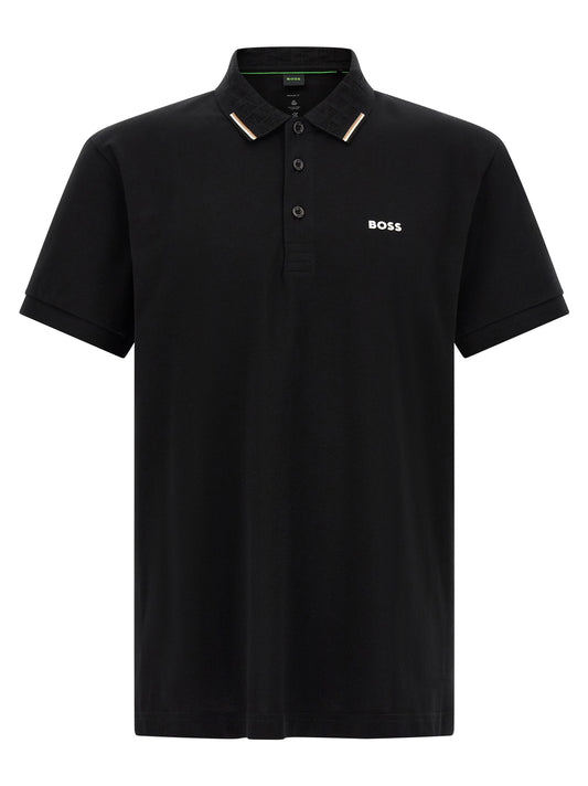 Polo Shirt by Hugo Boss for men in stretch cotton black, signature & monogram presents a sleek silhouette, featuring a refined and for a sleek finish.