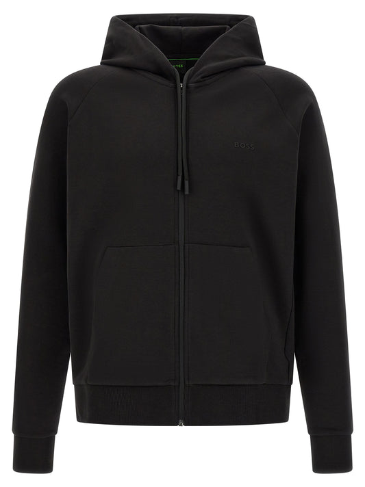 Sweatshirt Hoodie by Hugo Boss for men in stretch cotton black features a slouchy chic silhouette, detailed with a slouchy chic and a signature hooded neckline for an elevated aesthetic.