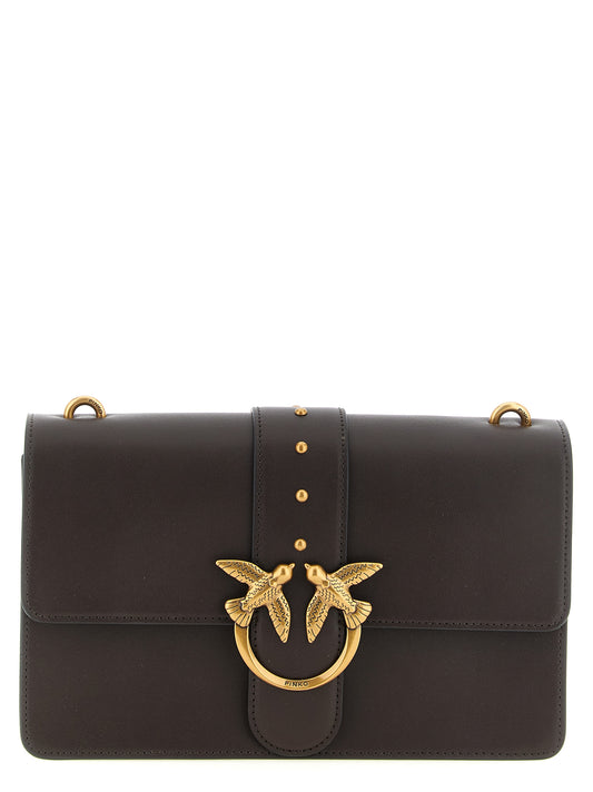Crossbody Flap Handbag by PINKO for women in canvas & calfskin leather brown & gold features a transformative sophistication silhouette, showcasing a secure flap & buckle, ample , and versatile crossbody-strap, shoulder-strap & adjustable-strap for a transformative sophistication look.