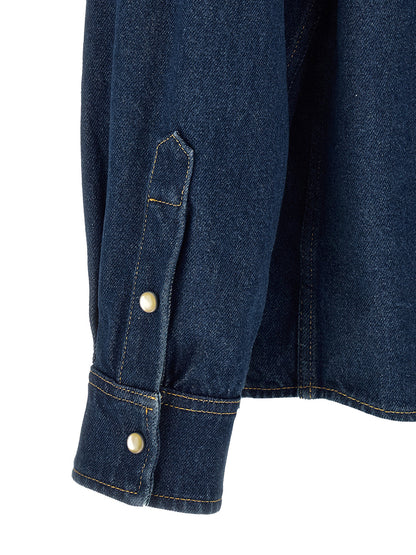 Shirt by Valentino Garavani for men in denim cotton blue, pearl & signature showcases a sharp silhouette, elegantly detailed with a sharp and sharp .