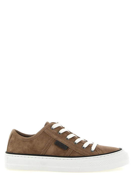 Sneakers by Brunello Cucinelli for women in suede leather brown & signature presents a sumptuous silhouette, artfully capturing the essence of the Women's Low Top Suede Leather Sneakers with its sumptuous low-top style design.