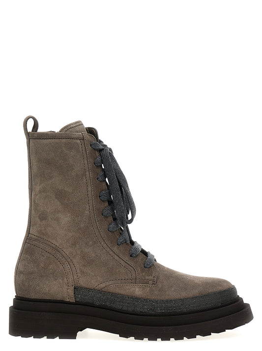 Lace-Up Ankle Boots by Brunello Cucinelli for women in suede leather & rubber gray features an avant-garde Monile Women's Suede Leather & Rubber Lace-Up Ankle Boots silhouette, defined by a sophisticated and a avant-garde .
