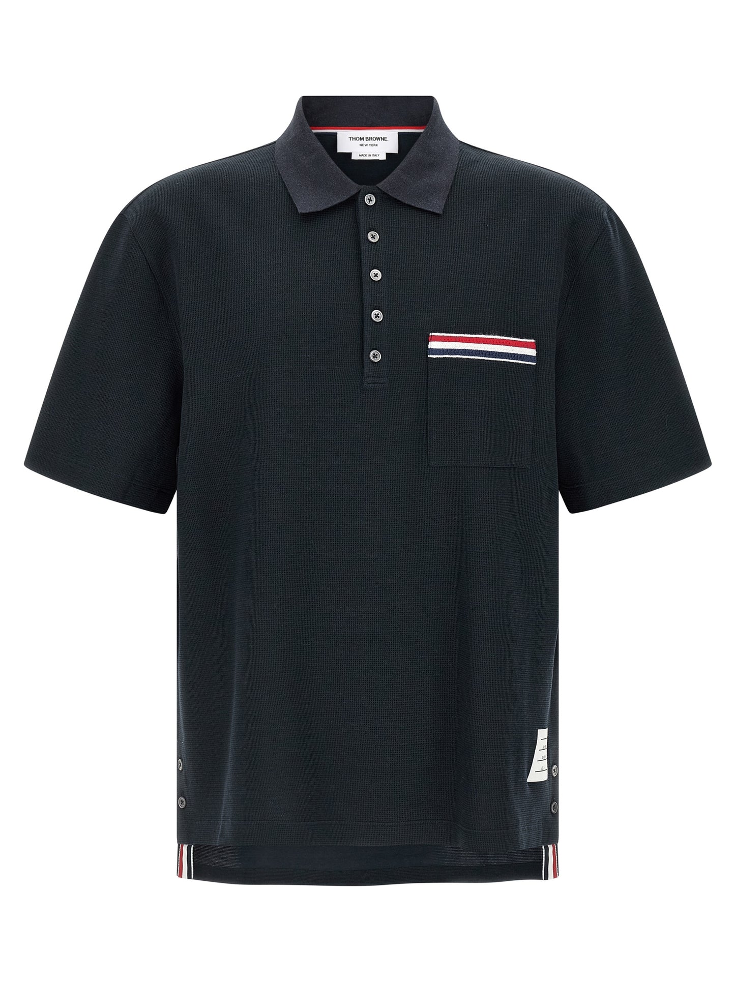 Polo Shirt by Thom Browne for men in stretch polyamide cotton & linen blue presents a distinguished silhouette, showcasing a sophisticated and distinguished for a truly distinguished finish.