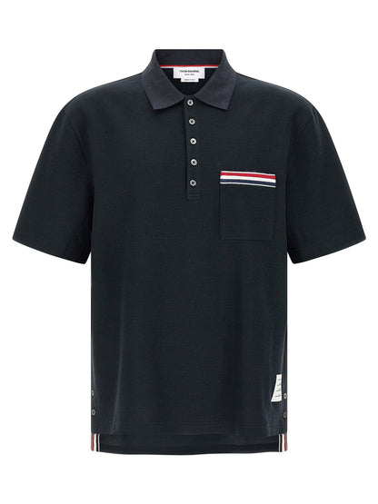 Polo Shirt by Thom Browne for men in stretch polyamide cotton & linen blue presents a distinguished silhouette, showcasing a sophisticated and distinguished for a truly distinguished finish.