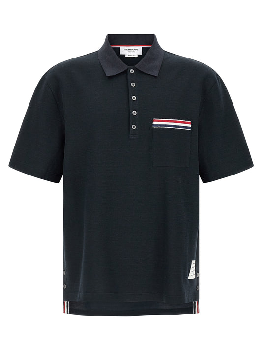 Polo Shirt by Thom Browne for men in stretch polyamide cotton & linen blue presents a distinguished silhouette, showcasing a sophisticated and distinguished for a truly distinguished finish.