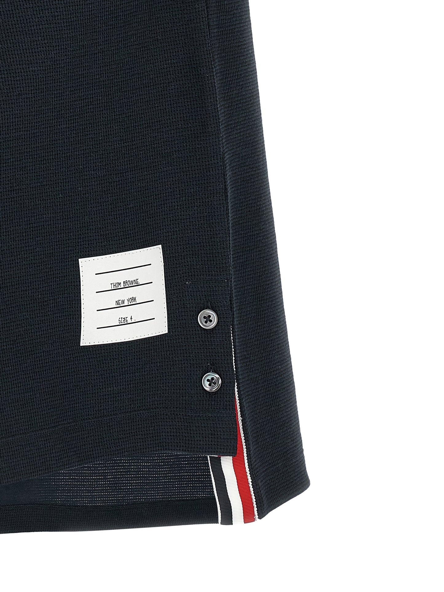 Polo Shirt by Thom Browne for men in stretch polyamide cotton & linen blue showcases a sharp silhouette, detailed with a refined and sharp for a sophisticated finish.