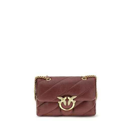 Mini 2-in-1 Shoulder & Crossbody Quilted Bag by PINKO for women in bos taurus calf leather bordeaux, gold & monogram presents a statuesque silhouette, showcasing a secure magnetic & button and statuesque with versatile crossbody-strap & shoulder-strap for a sophisticated look.