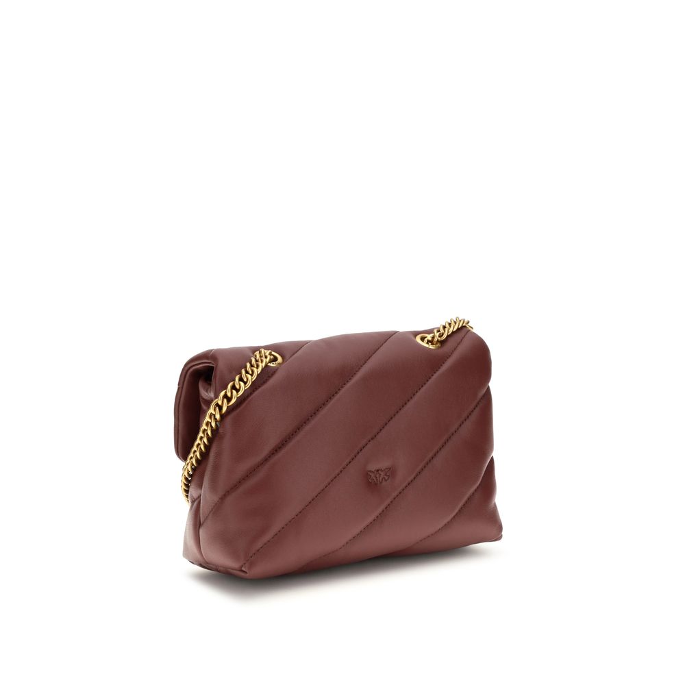 Mini 2-in-1 Shoulder & Crossbody Quilted Bag by PINKO for women in bos taurus calf leather bordeaux, gold & monogram showcases a statuesque silhouette, artfully detailed with a secure magnetic & button, organized , and versatile crossbody-strap & shoulder-strap for a statuesque look.