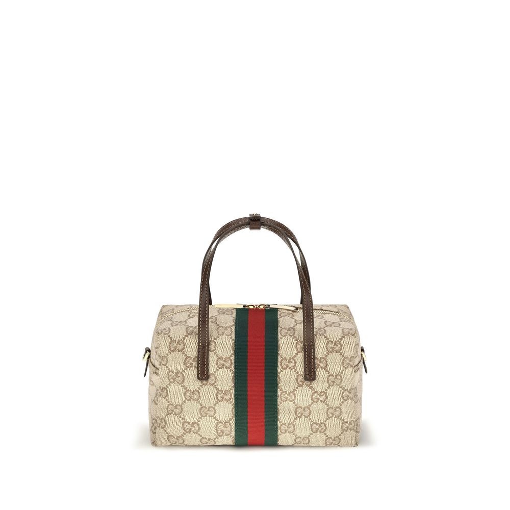 Mini Boston Handbag by Gucci for women in coated canvas beige, gold & striped features a exquisite silhouette, showcasing a secure zipper and exquisite with versatile for a exquisite finish.