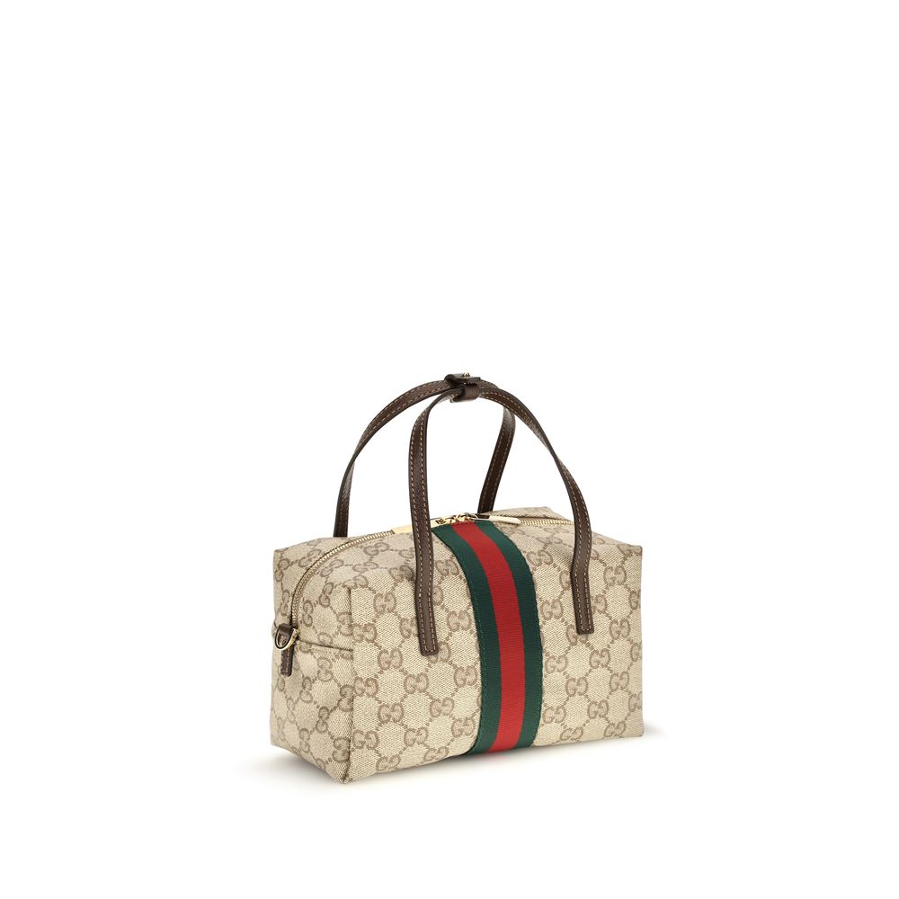 Mini Boston Handbag by Gucci for women in coated canvas beige, gold & striped features a refined silhouette, showcasing a secure zipper, organized , and versatile for a refined finish.