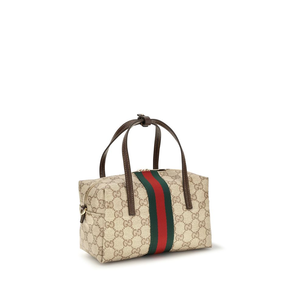 Mini Boston Handbag by Gucci for women in coated canvas beige, gold & striped features a ornamental silhouette, showcasing a secure zipper, ample , and ornamental for a sophisticated look.