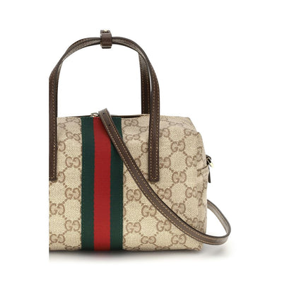 Mini Boston Handbag by Gucci for women in coated canvas beige, gold & striped features a refined silhouette, showcasing a secure zipper, organized , and versatile for a refined finish.