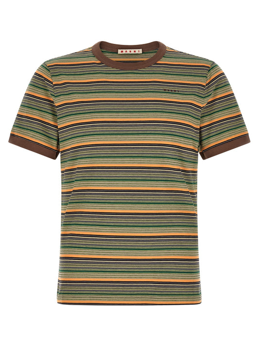 T-Shirt by Marni for men in cotton brown, multicolor & striped showcases a dramatic silhouette, elegantly detailed with a dramatic crew neckline and for a truly dramatic finish.