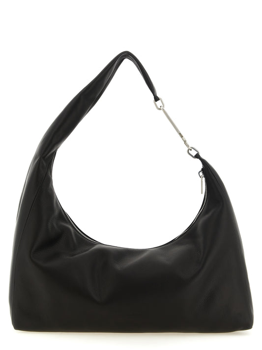 Shoulder Crescent Bag by Rick Owens for women in calfskin leather black, silver, signature & striped showcases a enviable silhouette, artfully detailed with a secure zipper, organized , and versatile shoulder-strap & handle for a enviable look.