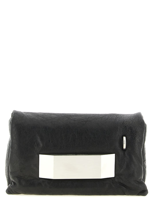 Flap Clutch Handbag by Rick Owens for women in lambskin leather polyester & palladium black & palladium showcases a sculptural silhouette, featuring a secure flap, ample , and versatile for a sculptural finish.
