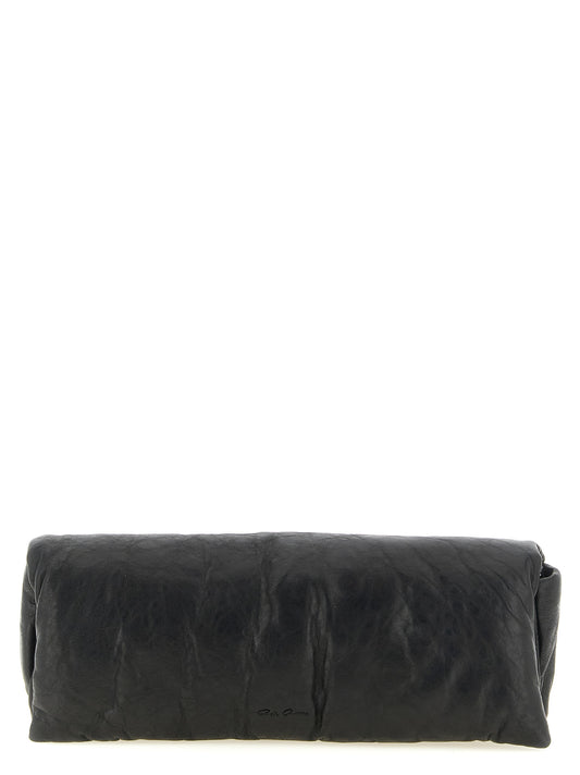 Flap Baguette Clutch Handbag by Rick Owens for women in polyester & lamb leather black & signature features a sculptural silhouette with a secure flap & magnetic, ample built-in-compartments & cardholder, and versatile for a sculptural finish.