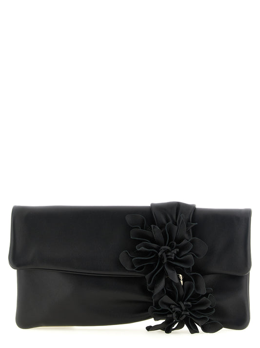 Evening Clutch Handbag by Jimmy Choo for women in lamb leather & satin black, gold, pink & floral features a architectural silhouette, showcasing a secure , ample , and versatile for a architectural finish.