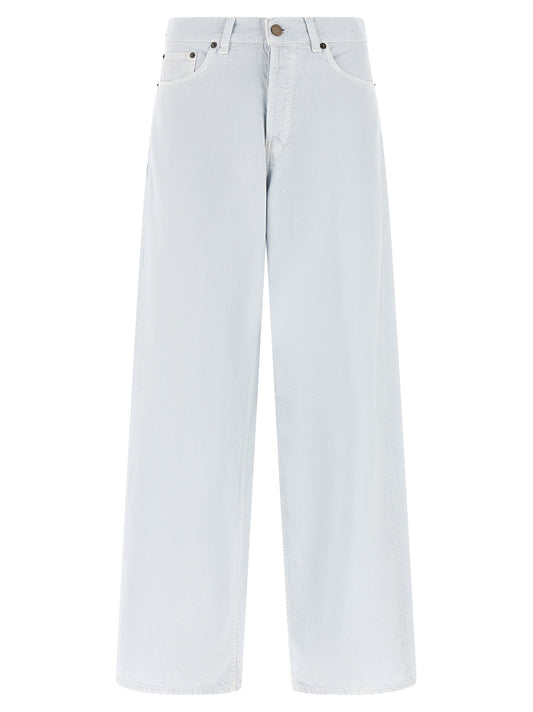 Jeans by Haikure for women in denim cotton & suede leather blue & white features an sartorial relaxed-fit & wide and long with a cut for a sartorial finish.