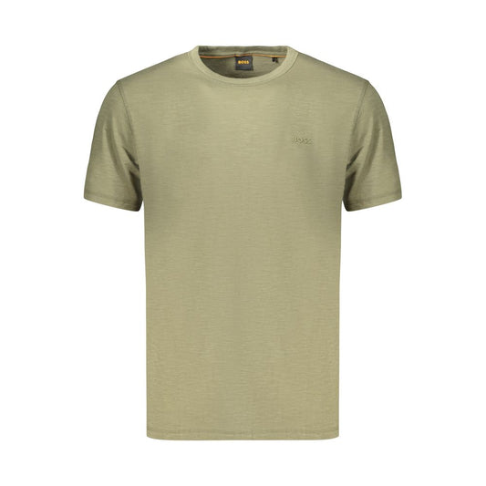 T-Shirt by Hugo Boss for men in cotton green & print showcases a unassuming silhouette, artfully detailed with a refined crew neckline and unassuming for a sophisticated, contemporary look.
