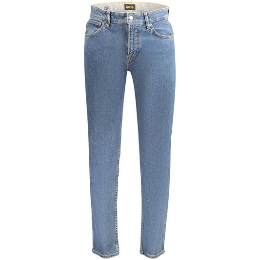 Jeans by Hugo Boss for men in stretch denim cotton blue features an sophisticated and tapered-leg & slim with a precise long, creating a sophisticated and sophisticated silhouette.