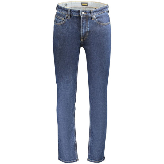 Jeans by Hugo Boss for men in stretch denim cotton blue & signature features a polished silhouette with a polished slim, reaching a polished long and finished with a polished .