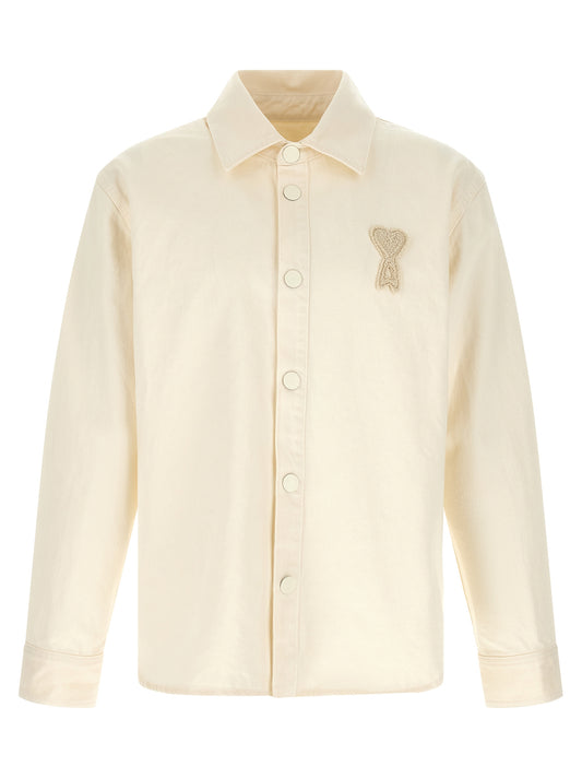 Overshirt by Ami Paris for men in denim cotton beige & signature features an architectural silhouette with a refined long-sleeve and elegant for a architectural look.