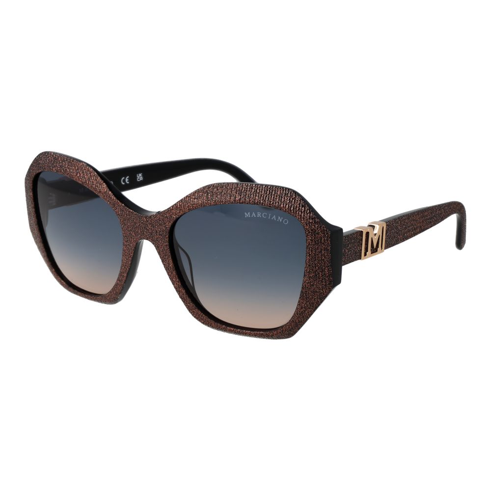 Sunglasses by Marciano by Guess for women in acetate black features a sumptuous silhouette, showcasing a sumptuous full-rim frame design in black coloured frame with high-performance gradient category-3-dark-tint lens.
