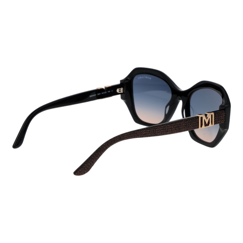 Sunglasses by Marciano by Guess for women in acetate black features an lustrous full-rim frame design with black coloured frame detailing and gradient category-3-dark-tint lens for a lustrous aesthetic.
