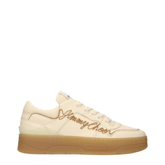 Sneakers by Jimmy Choo for women in leather beige presents a impeccable silhouette as Women's Low Top Leather Sneakers, expertly defined by a impeccable low-top style for a impeccable, high-fashion look.