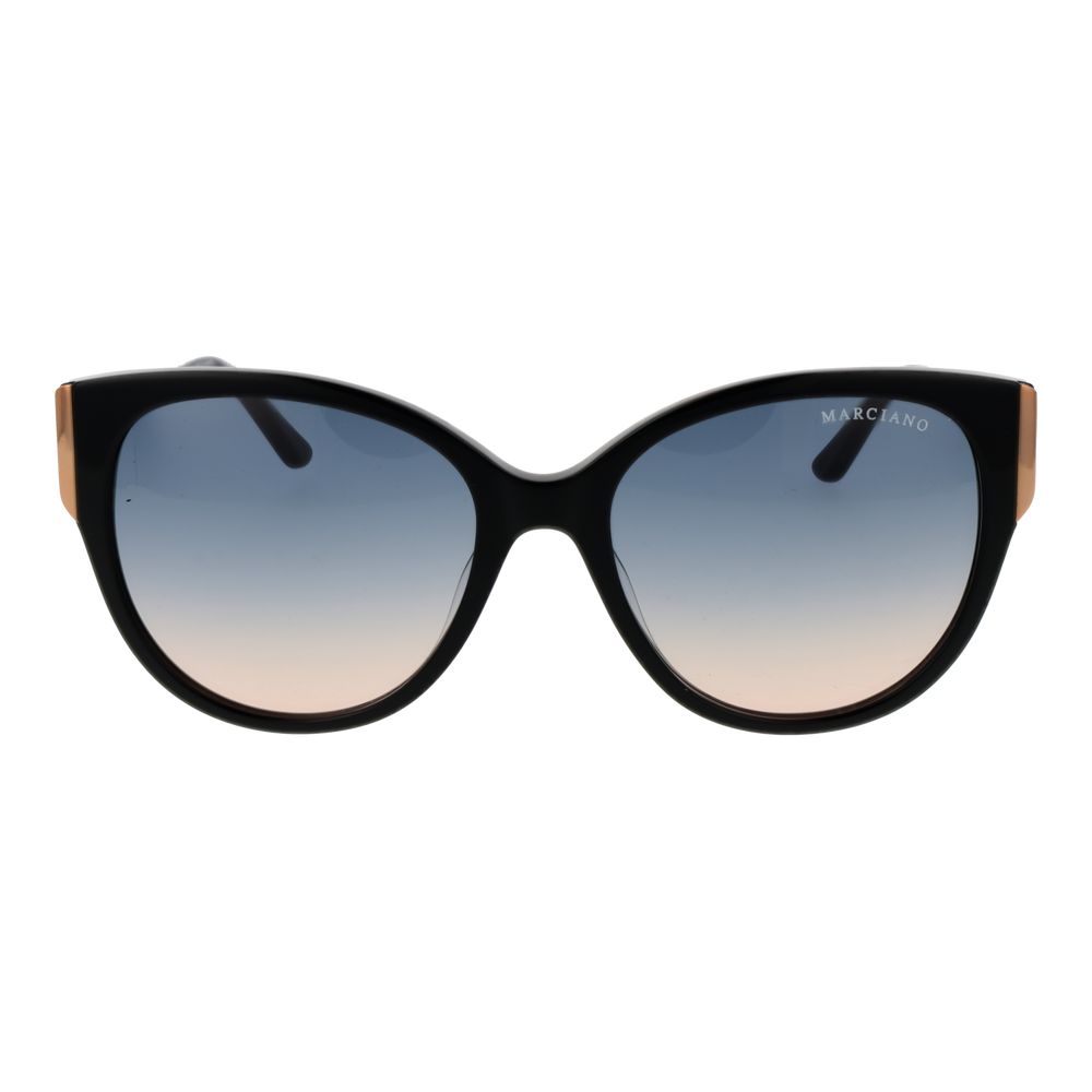 Sunglasses by Marciano by Guess for women in acetate and black featuring an opulent butterfly full-rim frame design with a sophisticated black coloured frame finish and high-performance gradient category-2-medium-tint lens.