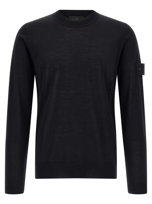 Cardigan by Stone Island for men in virgin wool black presents a textural silhouette, artfully finished with a textural crew neckline and for a sophisticated, textural look.