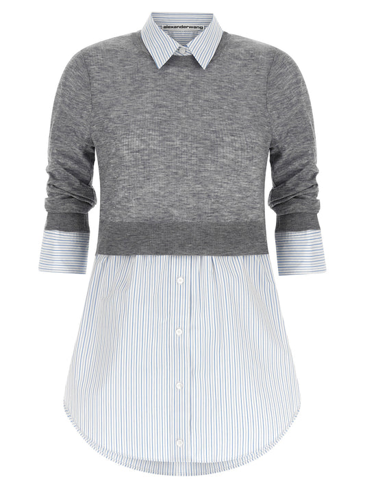 Blouse by Alexander Wang for women in cotton canvas & wool gray, transparent, signature & striped showcases a sharp silhouette, elegantly detailed with a sharp crew neckline and sharp .