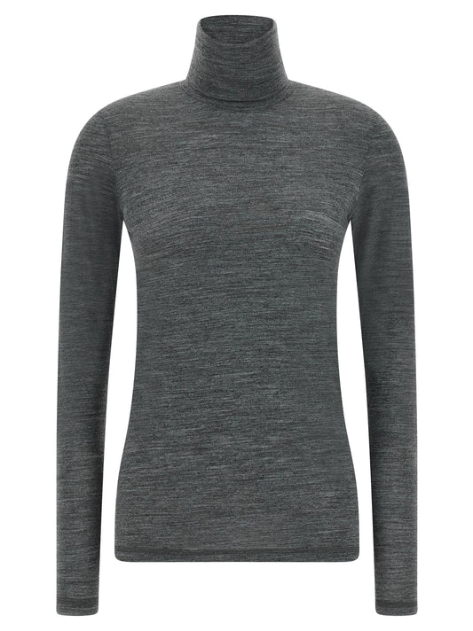 Activewear T-Shirt by Jil Sander for women in polyester & virgin wool blue & gray presents a kinetic silhouette, showcasing the kinetic long-sleeve and high-neck neckline alongside functional for a premium, athletic look.