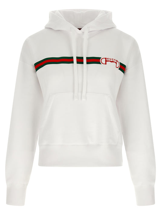 Sweatshirt Hoodie by Gucci for women in cotton white, signature & print features an luminous silhouette, showcasing a sophisticated hooded neckline and for a truly luminous look.
