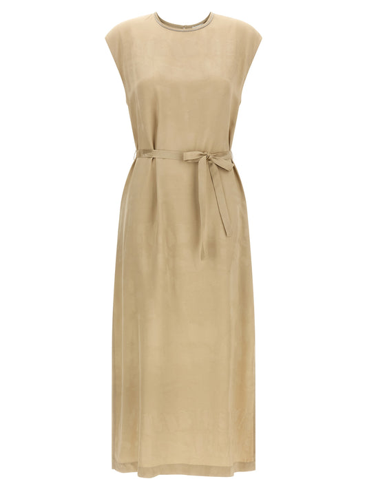 Dress by Peserico for women in viscose beige & patterned features an sultry silhouette defined by a round neckline and sleeveless, falling to an sultry midi for a sultry look.