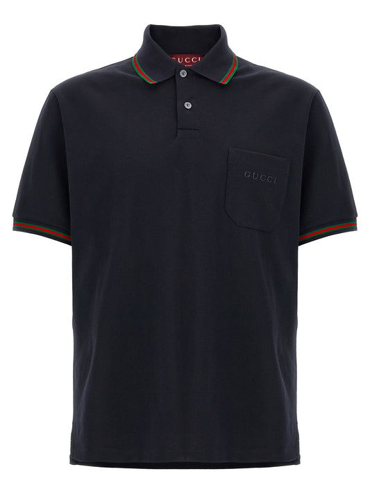 Polo Shirt by Gucci for men in cotton blue presents a distinguished silhouette, showcasing a sophisticated and distinguished short-sleeve for a truly distinguished finish.