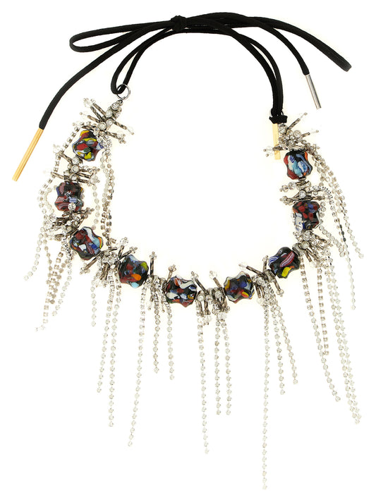 Necklace by Dries Van Noten for women in stretch denim cotton modal polyester black & gold, showcasing a exquisite beaded cord statement necklace design that perfectly embodies the exquisite elegance of the Women's Cotton Crystal & Brass Necklace collection.